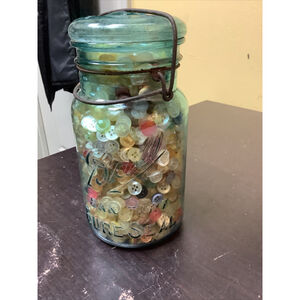 Rare Antique Deep Green Ball Sanitary Sure Seal Quart Jar￼ W/ vintage buttons